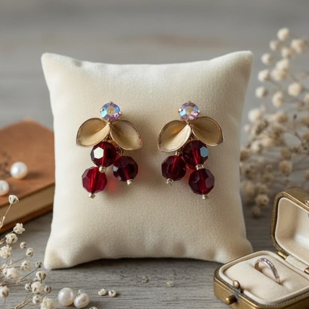 Vintage Bead and Rhinestone Clip On Earrings Red